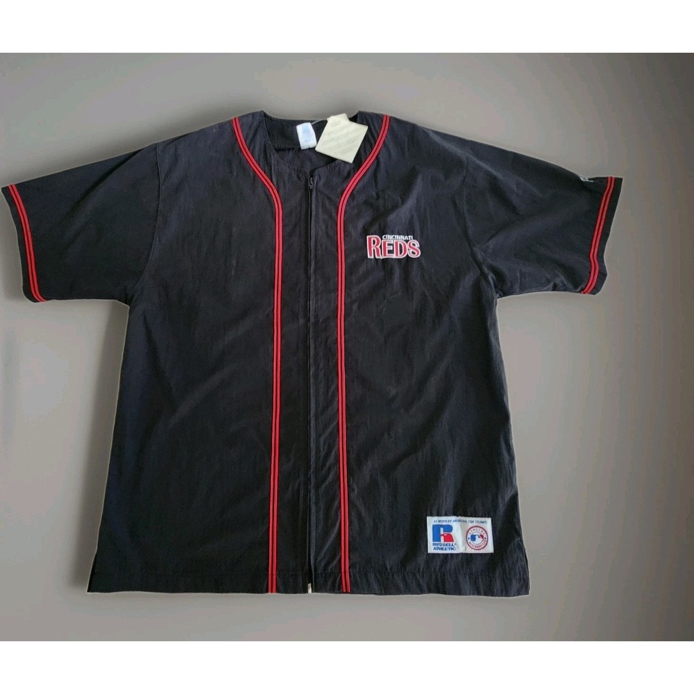 NWT VTG 90s Russell Athletic Men Large Cincinnati Reds Full Zip Jersey Black Red